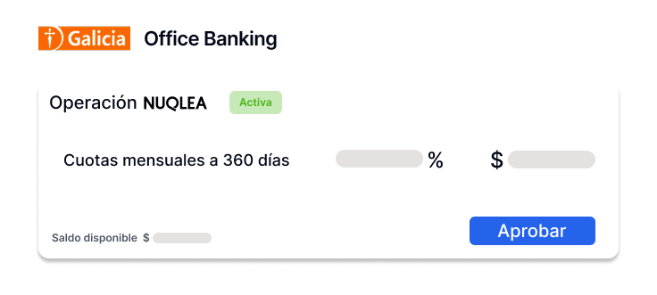 Interface de Office Banking Banco Galicia - Operación NUQLEA con opción de aprobar financiación